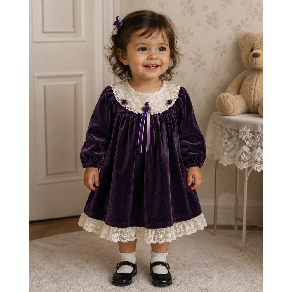 Vtg Chantilly Place Sz 2T Dress Purple Velvet Lace Bow Christmas Long Sleeve